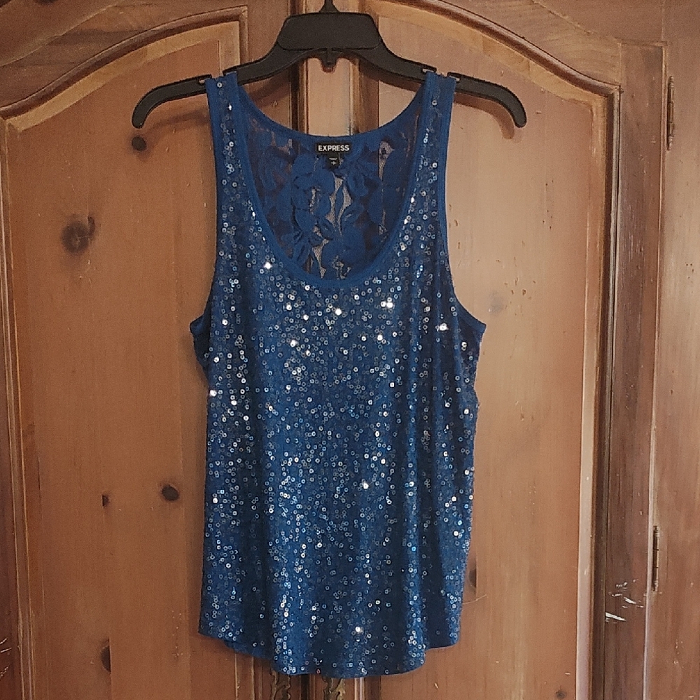 Express Royal Blue Sequin Lace-Back Tank